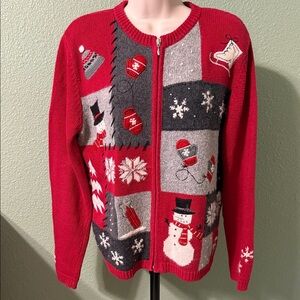Women’s Holiday Zip-Up Sweater - Red and Gray